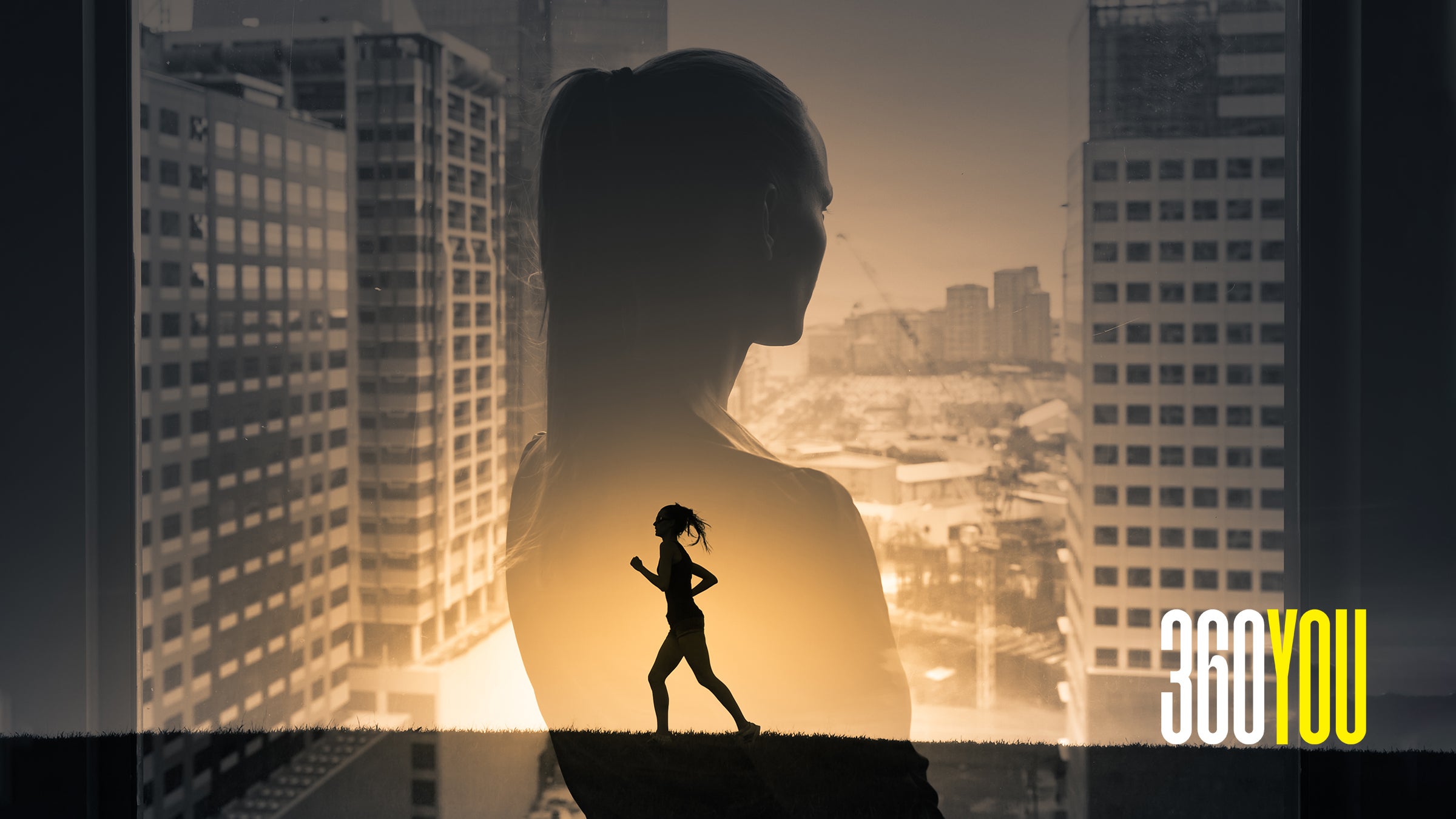 woman considering her relationship to running, double exposure