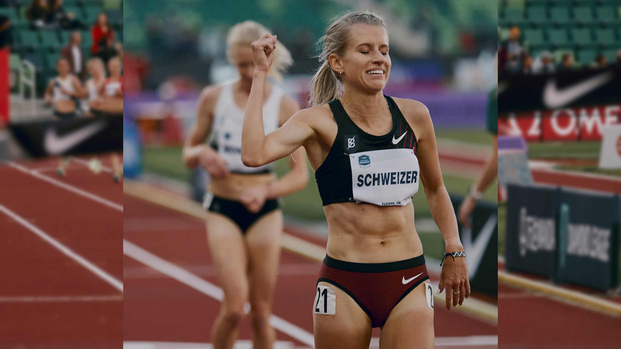 Karissa Schweizer after crossing the finish line at the 10,000-meter U.S. champs.