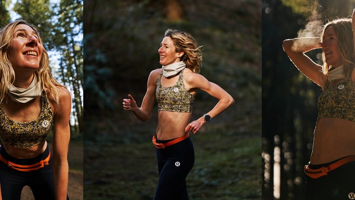 A triple photo of Camille Herron running in the woods
