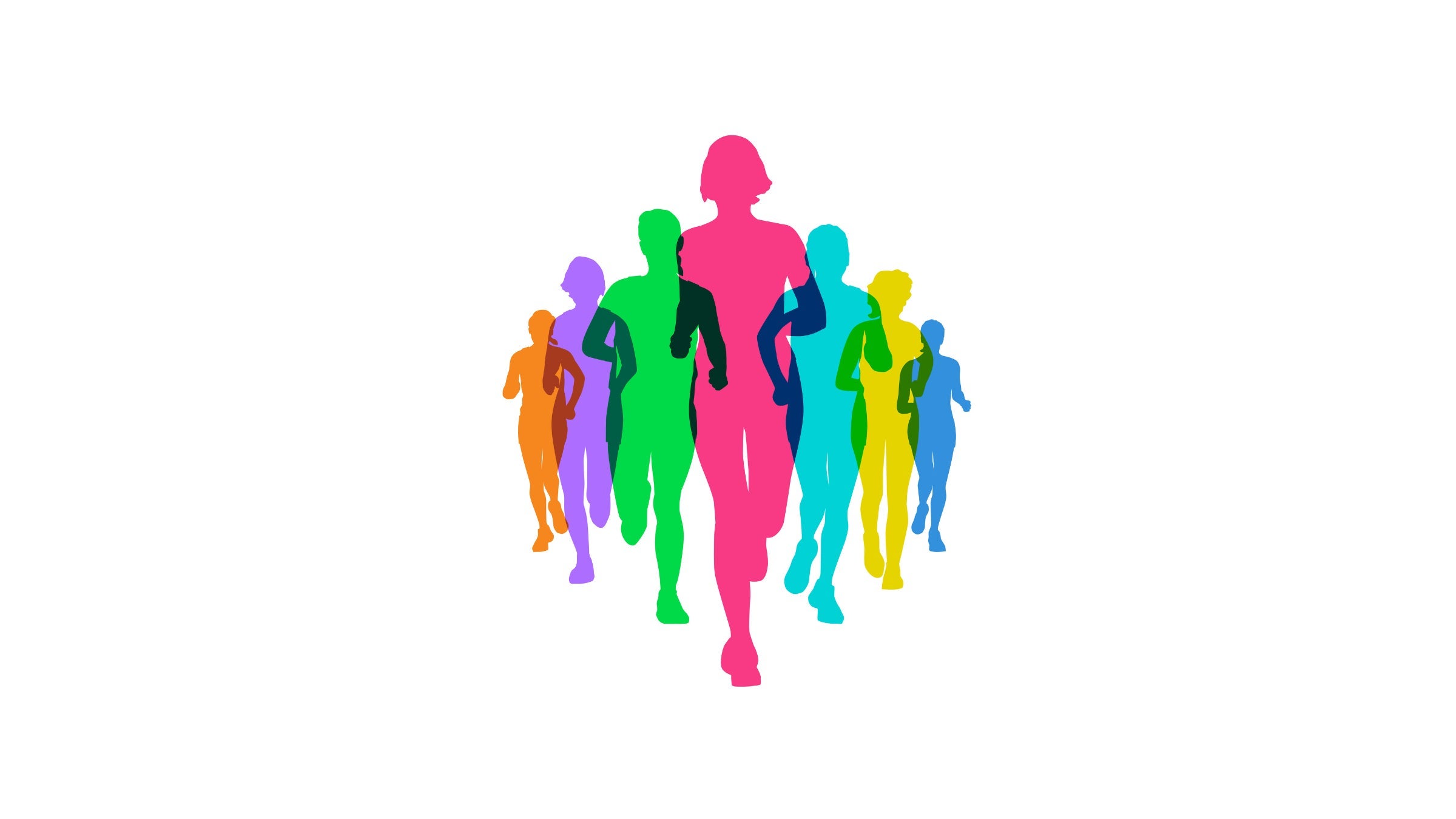 An illustration of women running in a flying v, with multiple colors