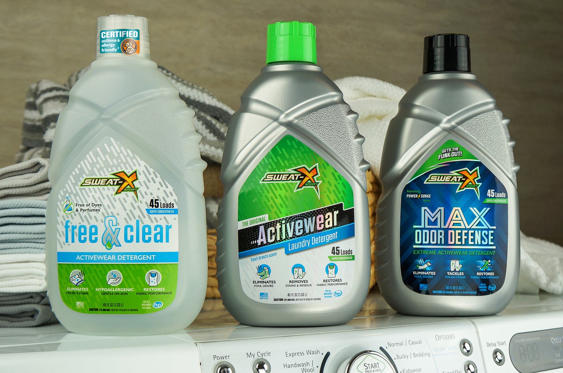 Sweat-X Sport has three specialized options: Free & Clear, Original Activewear, and Max Odor Defense.