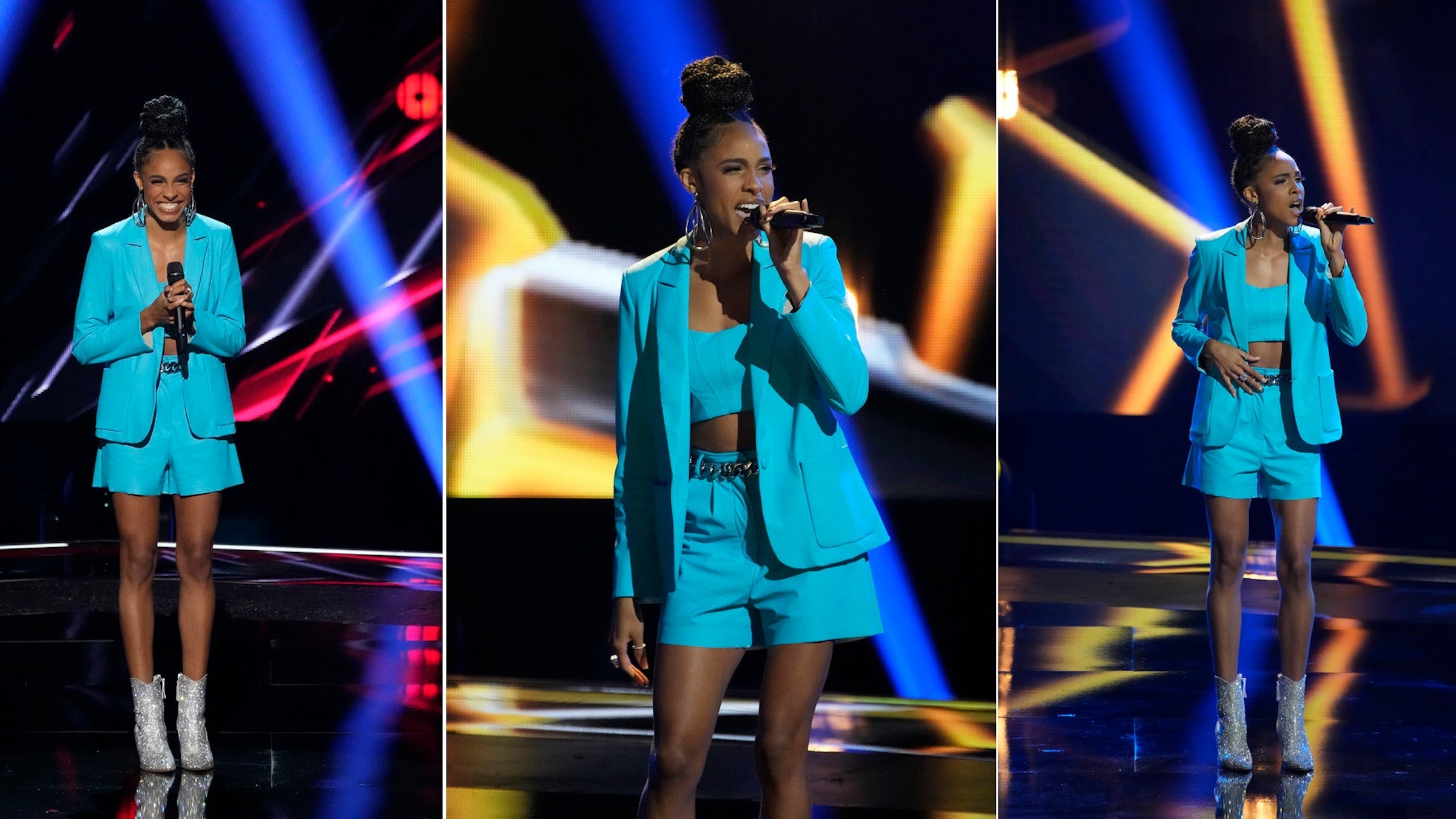 Elite runner Chloe Abbott performs on stage at The Voice wearing blue. This is triple image.