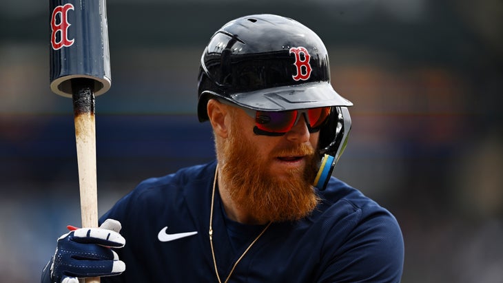 Justin Turner of the Boston Red Sox laughs after an at bat against News  Photo - Getty Images