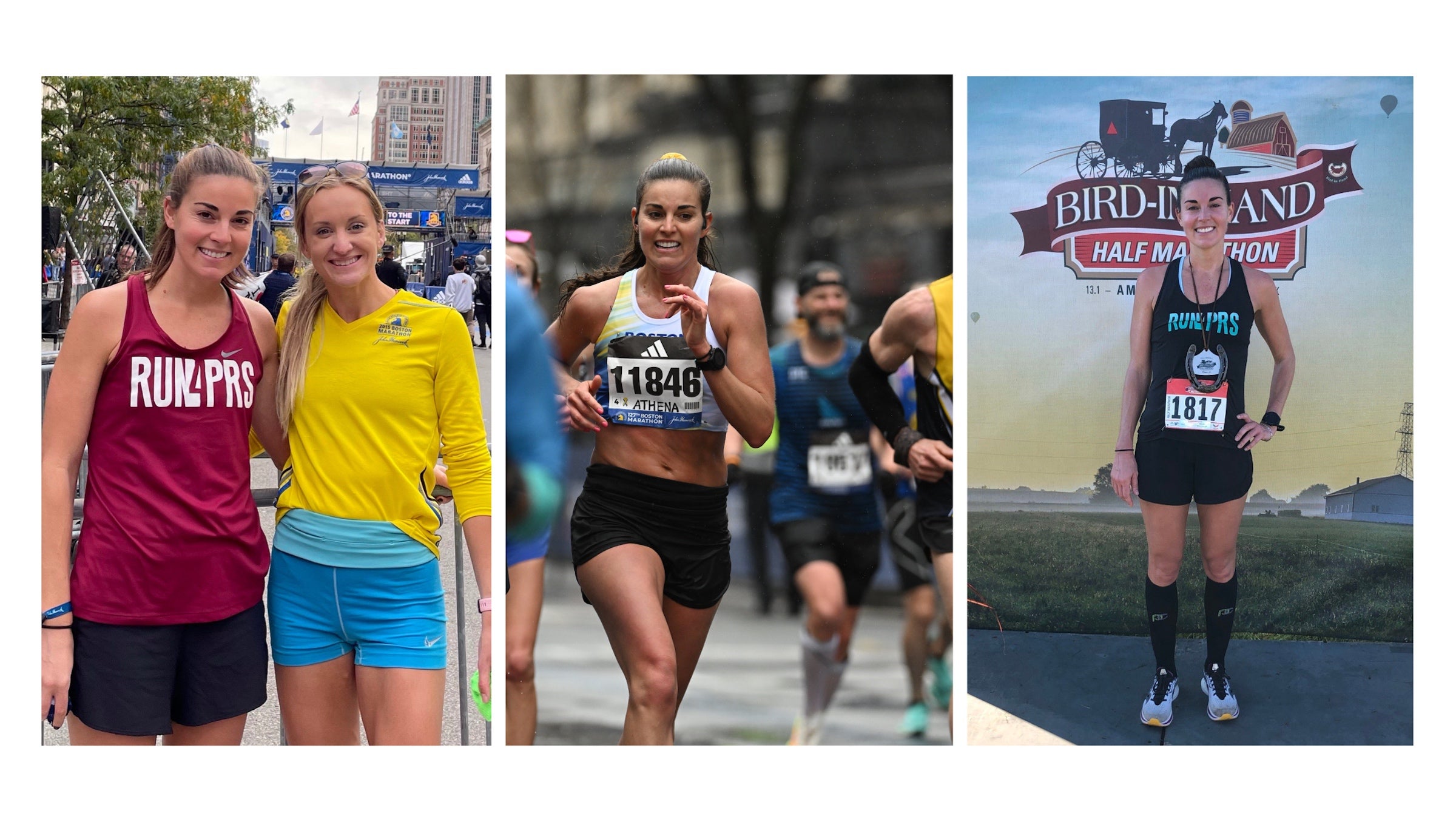 A triplet photo of runners and finishing
