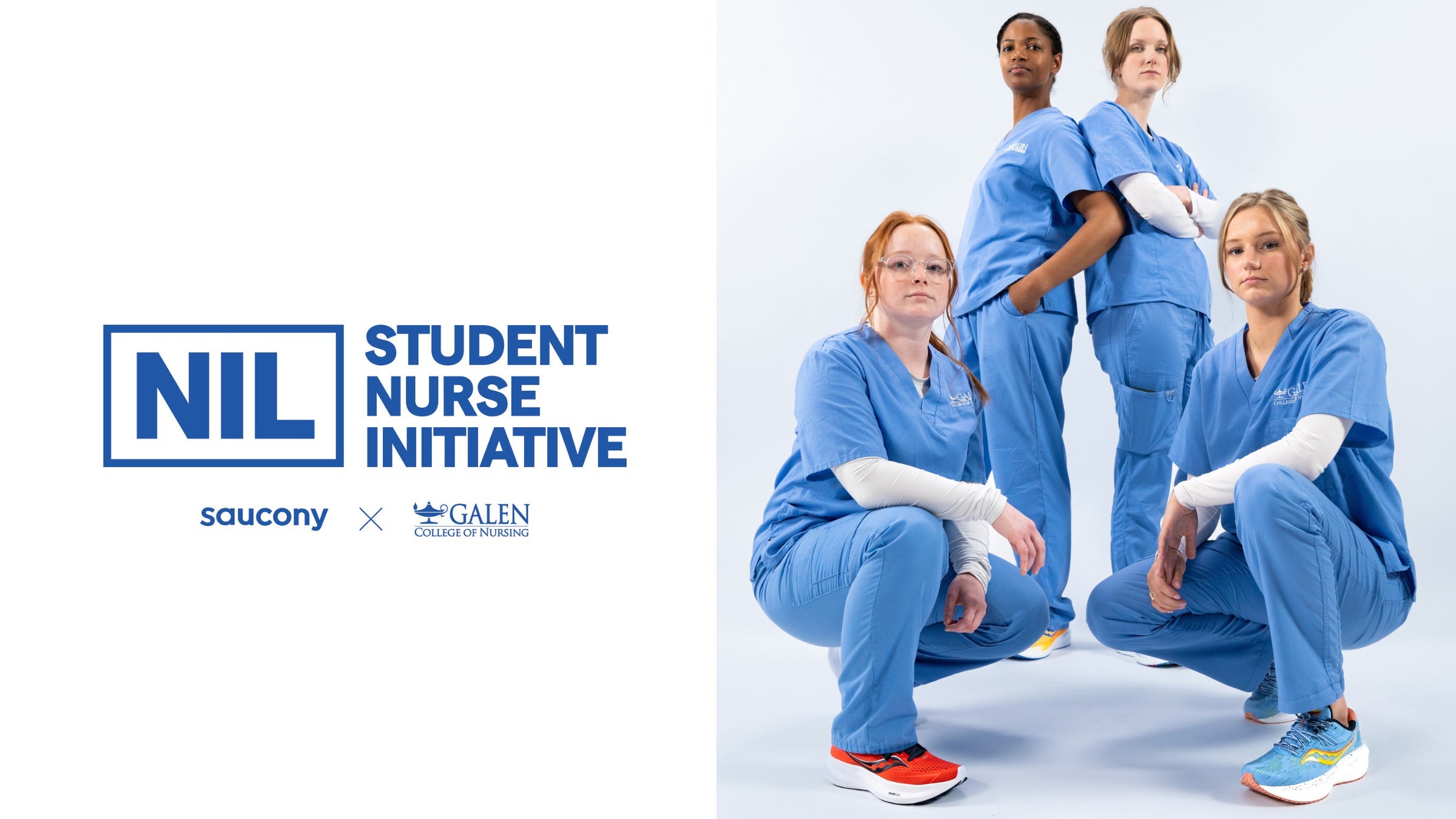 three nurses pose in front of a white background