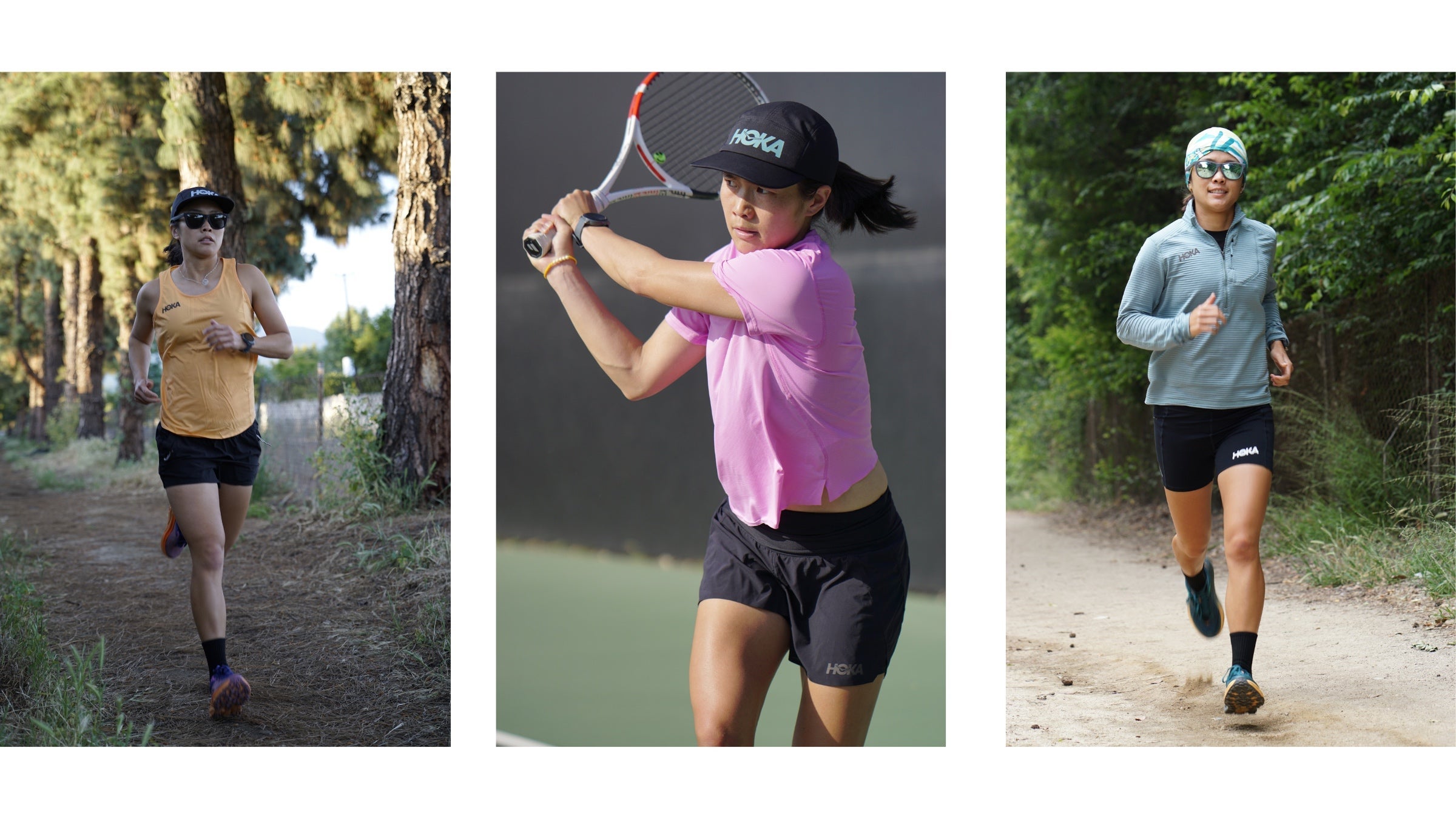 A three-part image of a women playing tennis in the middle and running