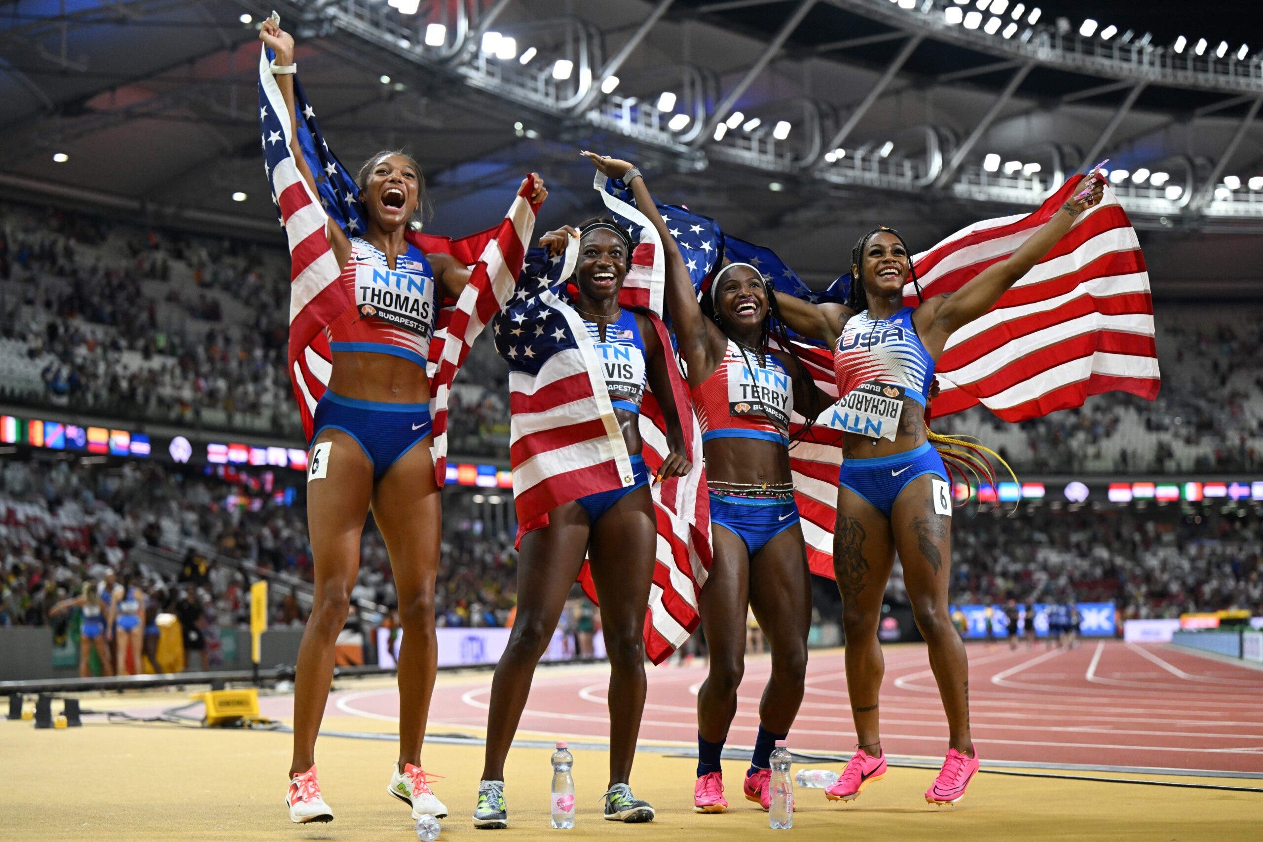USA's Gabrielle Thomas, Tamari Davis, Twanisha Terry, and Sha'Carri Richardson