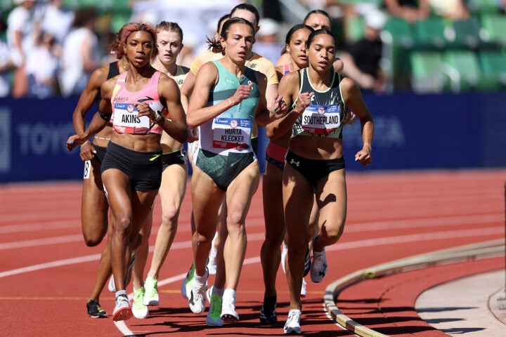 Nia Akins won her preliminary heat of the 800 meters on the first day of the 2024 U.S. Olympic Trials in Eugene, Oregon.