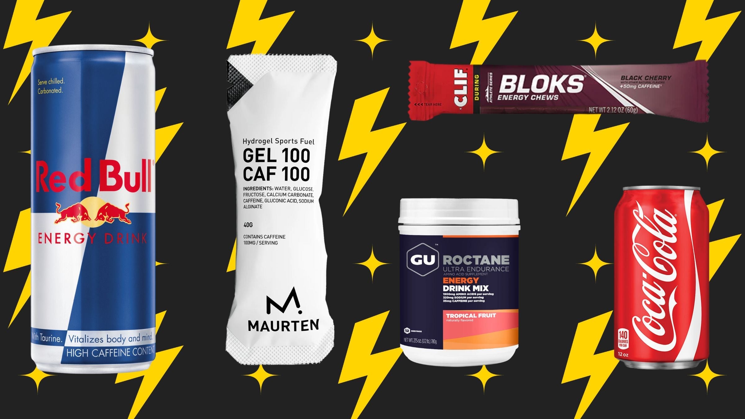 A lineup of sports nutrition products containing caffeine for workouts and races.
