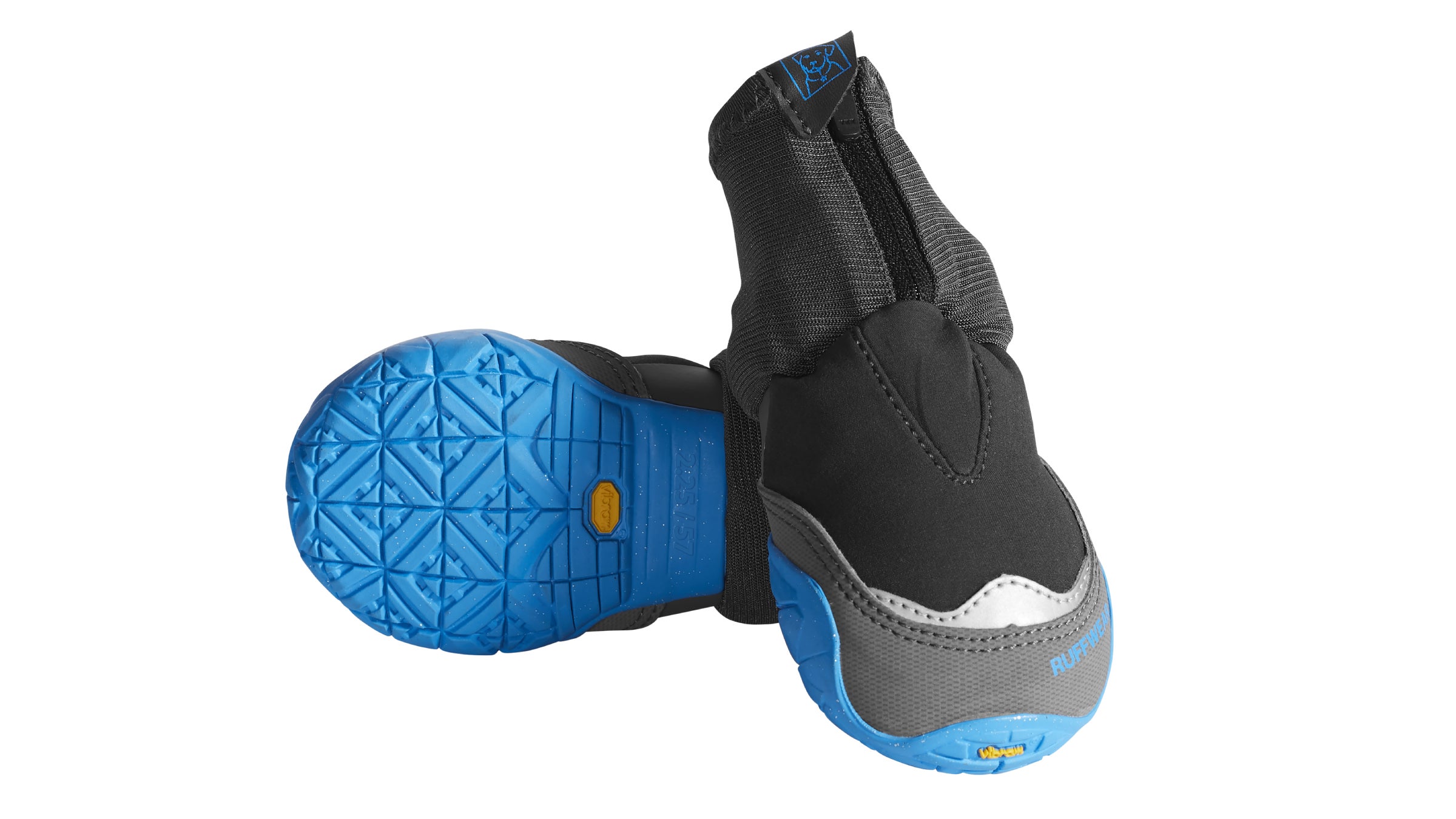 Pair of black and blue dog booties